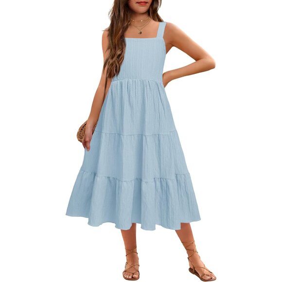 🆕Girl's Light Blue Polyester Sundress Boho Tiered Cami Maxi Dress with Pockets - Picture 1 of 6